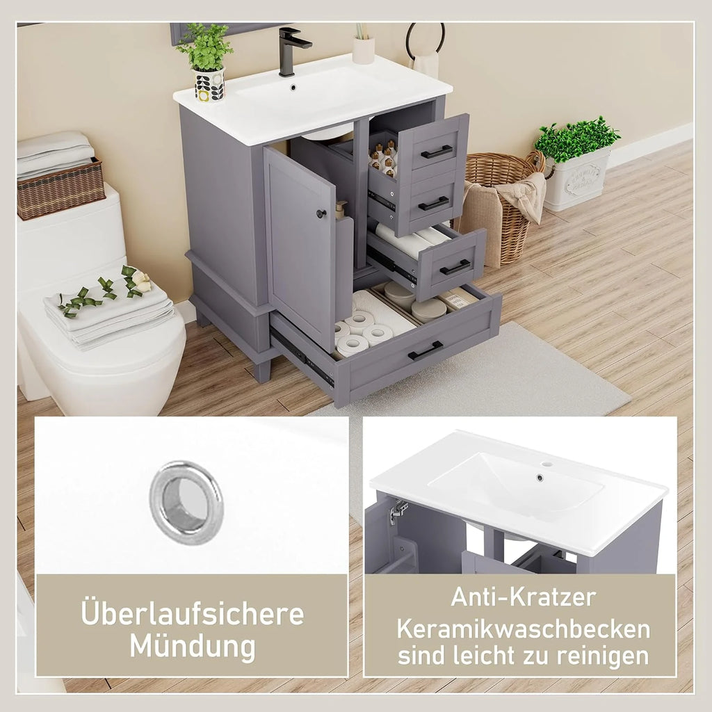 Armario de Baño Lcoho 76 x 46 x 83,5 cm con Lavabo, Lacado Completo, Estantería para Puerta, Tres Cajones Silenciosos, Lavabo de Cerámica Integrado (Gris)