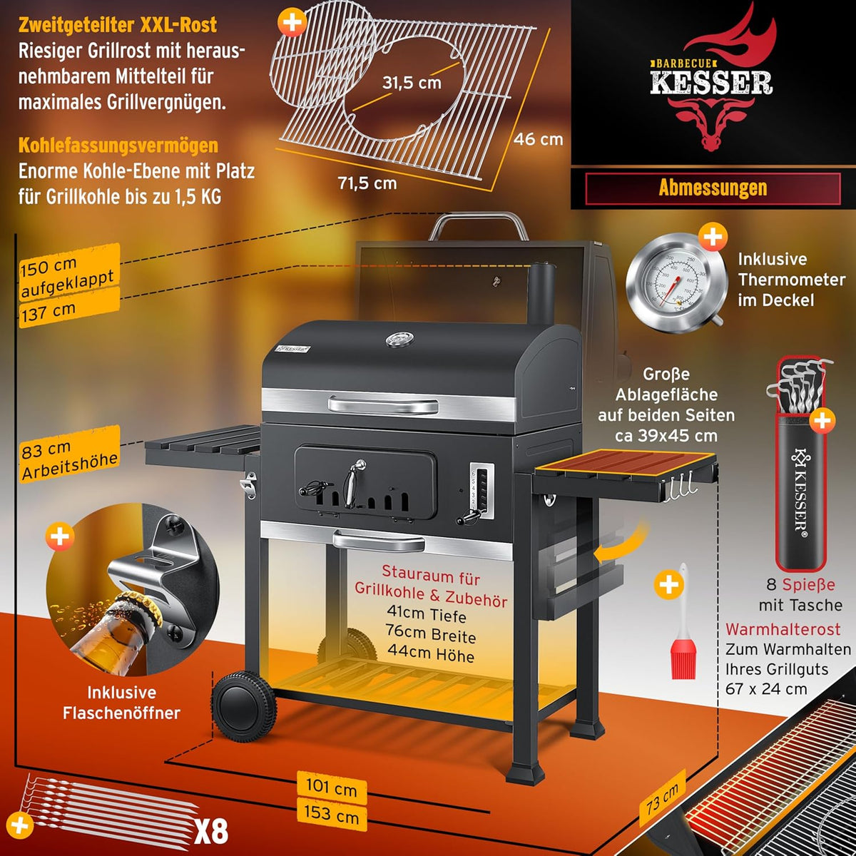 KESSER® Holzkohlegrill mit Wagen Grill mit Deckel, Rädern, Edelstahlgriff | Grill und Thermometer Großer Holzkohlegrill BBQ Grill Camping, Terrasse, Garten XXL Grau