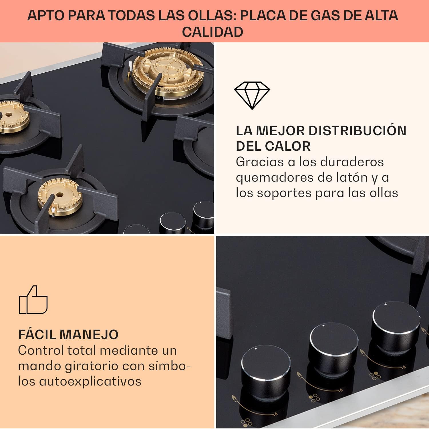 Klarstein Cocina de Gas Butano, Placa de Gas 4 Fuegos 8000W, Placa Vitroceramica Gas Integrada para Cocina, Placa Gas Butano de Diseño, Encimera Gas de Fogones con Base de vidrio y Acero Inoxidable