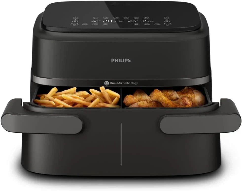 Philips Airfryer 5000 Series Dual Steam Korb - 9L, RapidAir Plus Technologie, 19 Funktionen in 1, 90 % weniger Fett, Air Steam, 2 Körbe, 2 Größen, Dampfgarer, Zubehör (NA550/00)