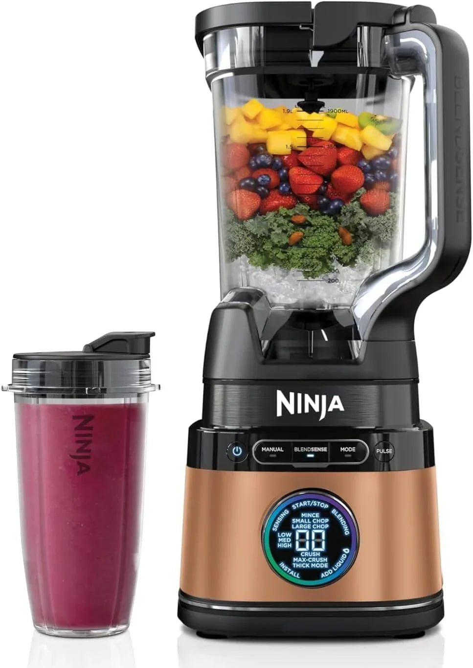 Ninja Detect Power Pro 3-in-1 Food Processor Blender (1200W), 3 x 700 ml Cups and Dough Blade, Ideal for Mixing, Chopping and Beating, Gold Stone, TB401EUSTGD