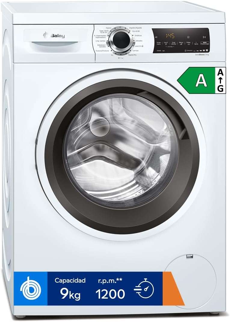 Balay - Waschmaschine, freistehend, 9 kg, SuperKurz- und Mix-/Schnellprogramm, Weiß, 3TS993BP, Standardzulauf