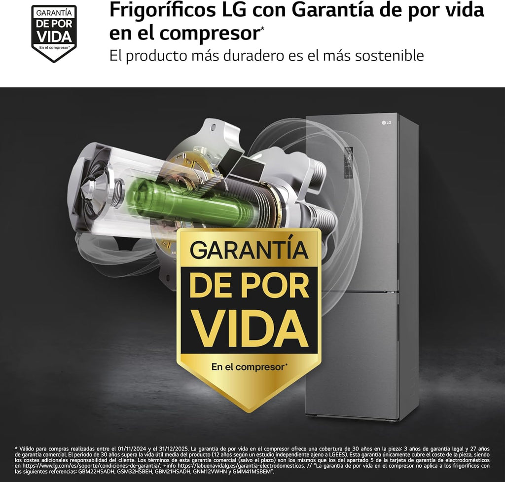 LG GBP61DSXGC - Frigorífico Combi No Frost, Congelador, Compresor Smart Inverter, Color Inox Antihuellas, 186 cm, 341 l