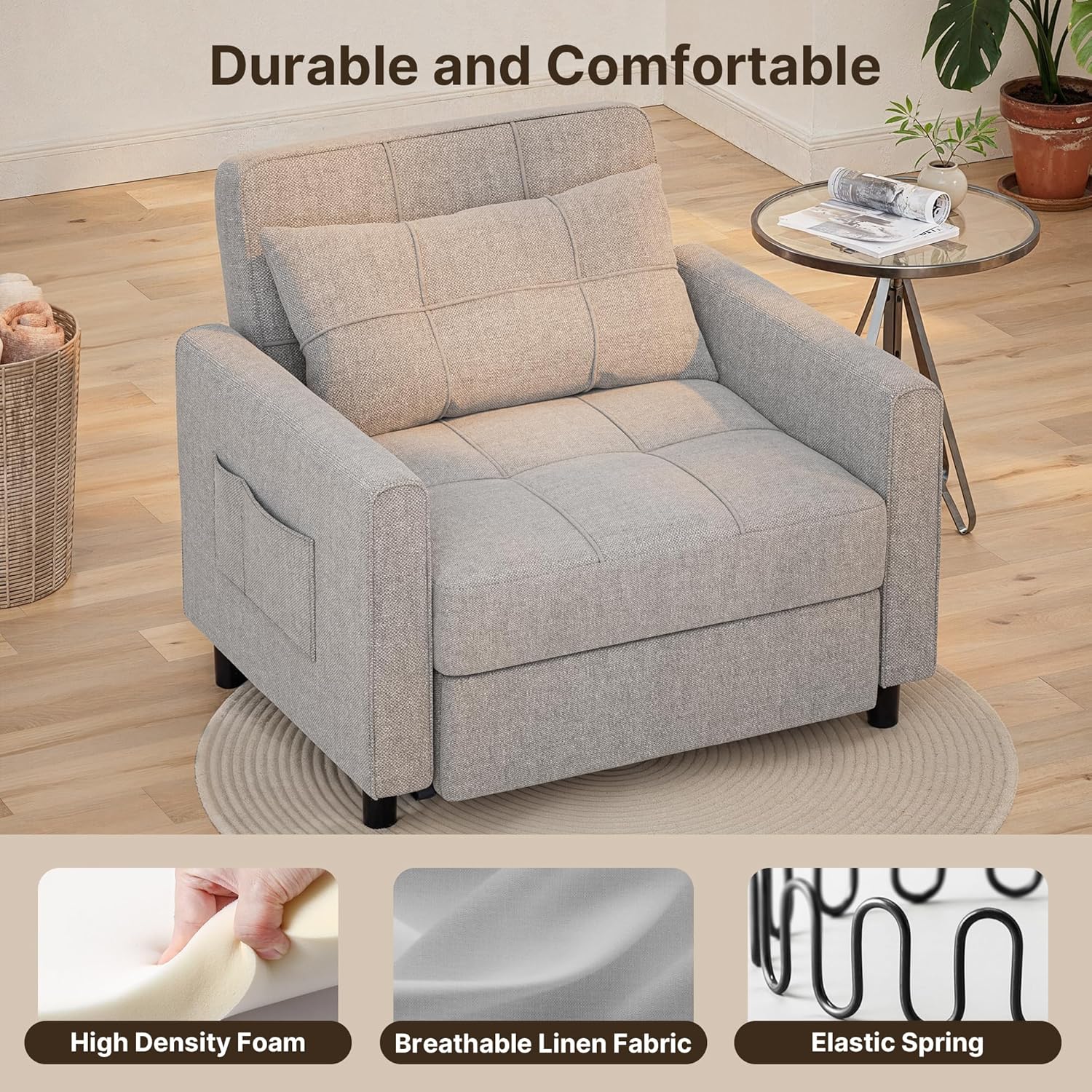 Gizoon Sofá cama 3 en 1 convertible, silla cama individual extraíble con respaldo ajustable, espaciosos sofás multifuncionales para sala de estar, dormitorio, apartamento