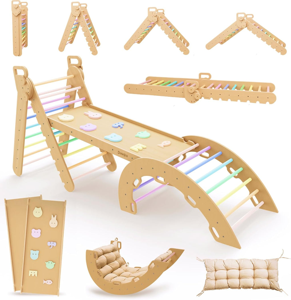 9-in-1 Montessori Pikler Dreieck Groß für 1-7+ Jahre, 5 verstellbare Winkel, Indoor und Outdoor Spielplatz aus Holz zum Klettern mit Pikler Bogen und Pickler Rampe für Kinder