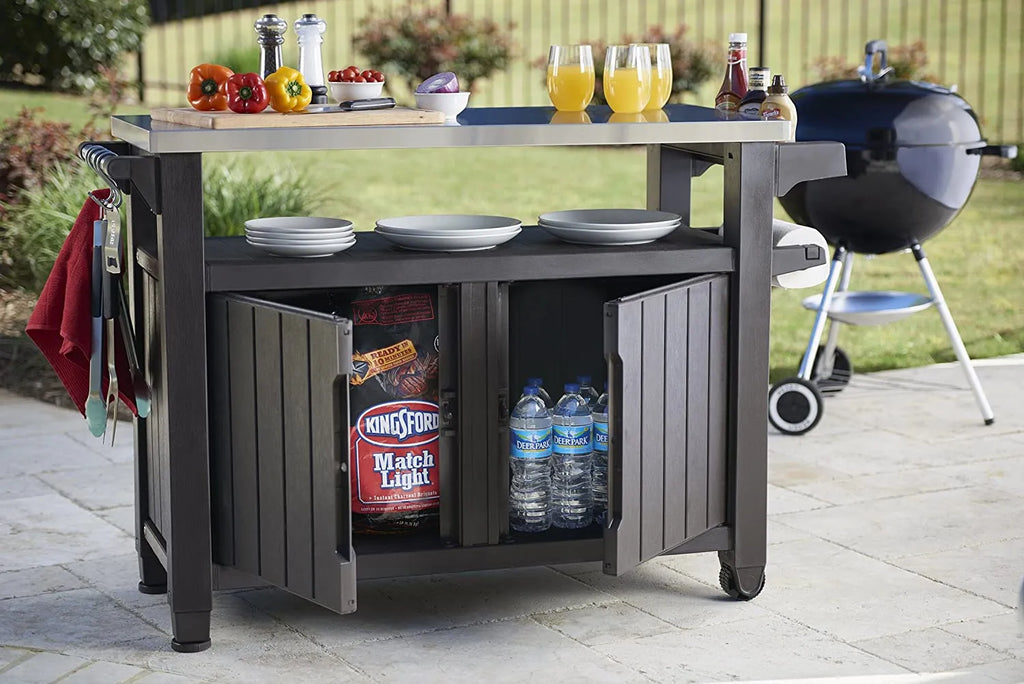 2025 Carro móvil de patio Keter Unity XL – Mesa de cocina exterior resistente a la intemperie con superficie de trabajo de acero inoxidable, espacio de almacenamiento con cerradura y accesorios
