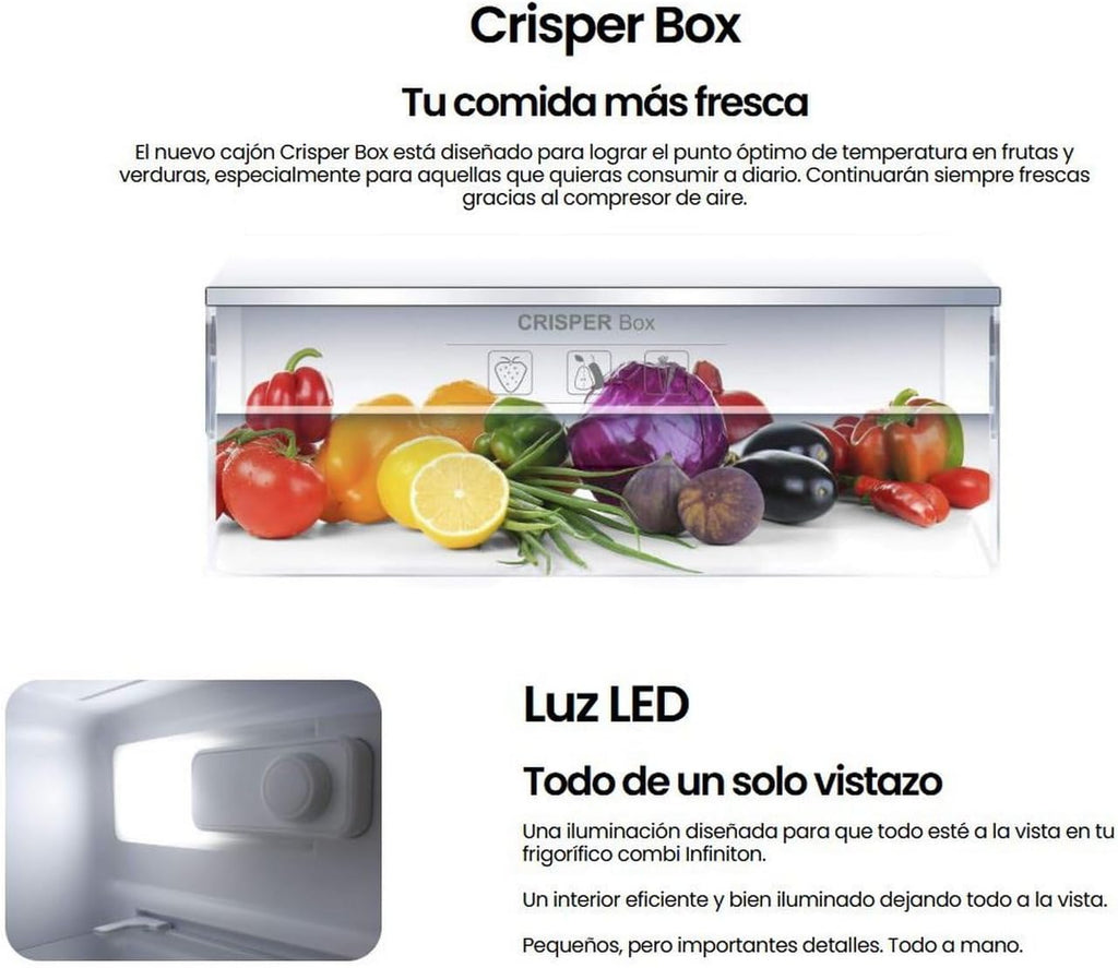 INFINITON Frigorifico Dos Puertas FG-A145B, 200 Litros, 143 cm de Altura, Defrost, LED Interior, E, Diseño con Tirador Integrado, Ancho 55 cm, Regulación en Altura, Puerta Reversible, Blanco