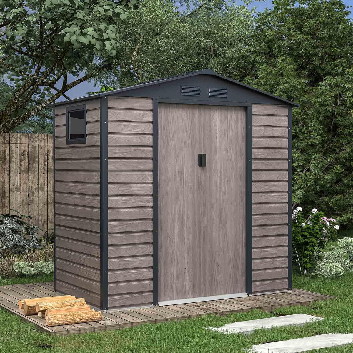 Gardiun Metallgerätehaus Surrey 2,71 m² Außen 213x127x211 cm aus Stahl mit Seitenfenster und Holzmaserungs-Effekt