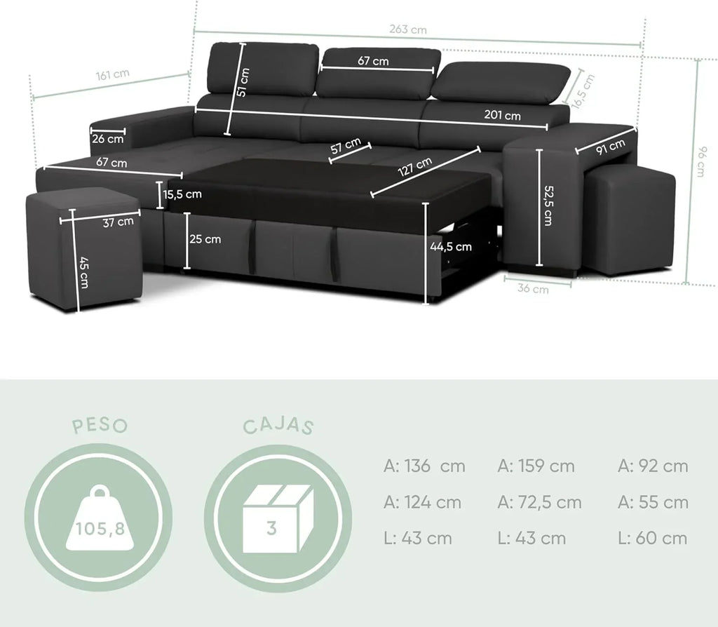 BUDWING John Sofá Cama Esquinero 4 Plazas - Chaise Longue Reversible, Reposacabezas Ajustable y 2 Pufs – Tapizado en Poliuretano – Estilo Moderno – 263x161x96 cm – Negro