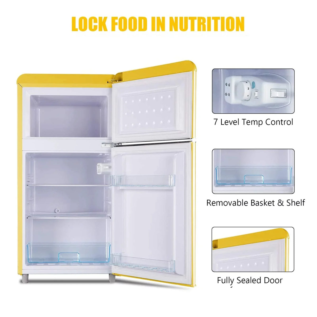 Mini refrigerador WANAI, 3.5 pies cúbicos, doble puerta con congelador, amarillo