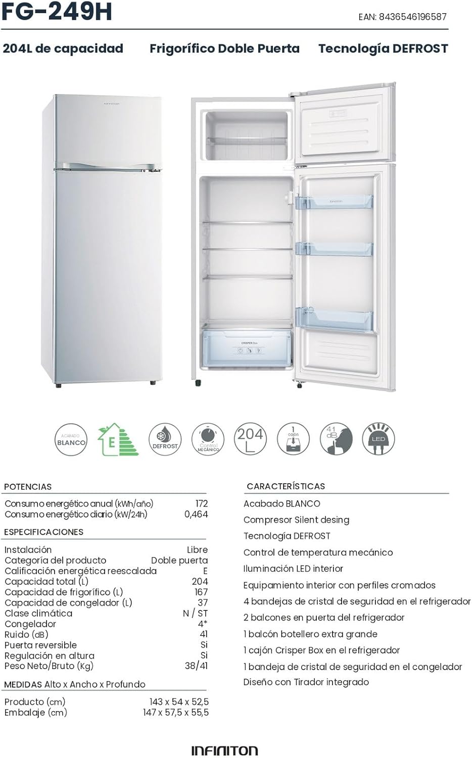 INFINITON Frigorifico Dos Puertas FG-A145B, 200 Litros, 143 cm de Altura, Defrost, LED Interior, E, Diseño con Tirador Integrado, Ancho 55 cm, Regulación en Altura, Puerta Reversible, Blanco