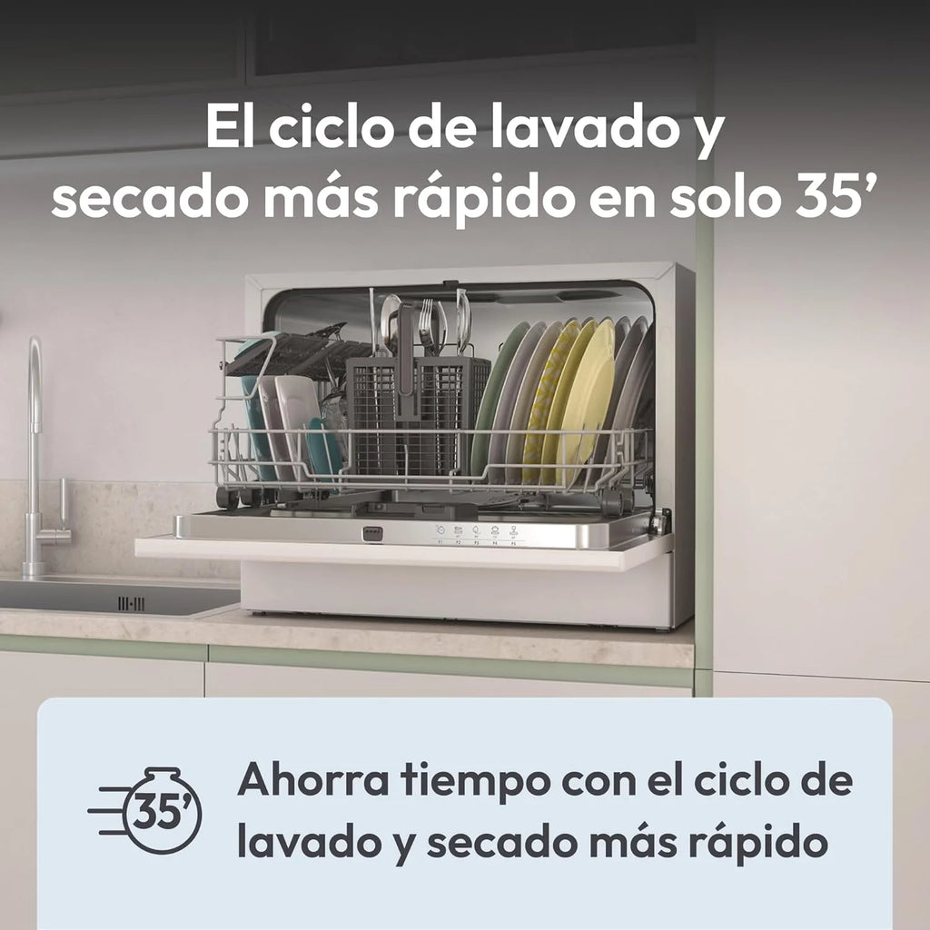 Candy CP 6E51LW Lavavajillas Pequeño y Compacto, 6 Servicios, Digital, 51DBA, 5 Ciclos, Media Carga, Inicio Diferido 3-6-9 horas, Indicador Sal y Abrillantador, Indicador Fin de Ciclo, Blanco