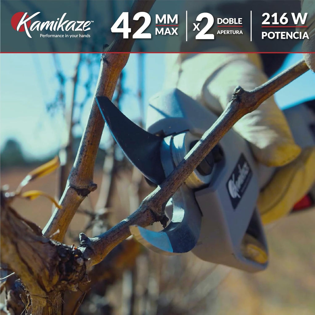 KAMIKAZE KV390 Professionelle elektrische Astschere mit 21,6V Lithium-Akku, Ø35mm Schnitt, 2 Akkus und Dreifachladegerät, Smart Display, Wartungskit und Transportkoffer