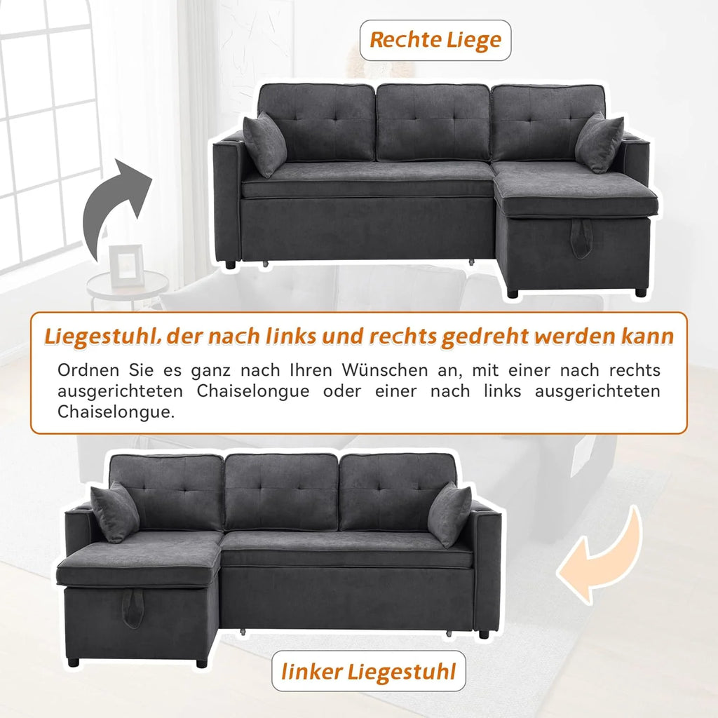 3-Sitzer Schlafsofa mit Getränkehaltern und seitlicher Armlehnentasche, L-förmiges Sofa, rechts und links umbaubar, Grau