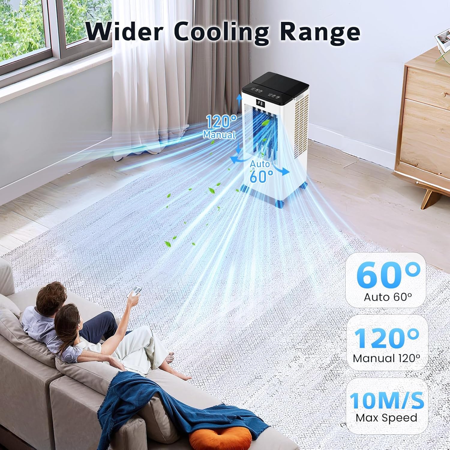 Aire Acondicionado Portátil sin Tubo, Enfriador de Aire Grande 4 en 1, 4 Modos 3 Velocidades, Climatizador Evaporativo 60W, Temporizadores de 1-12 H, con Control Remoto, 4 Ruedas para Hogar Oficina