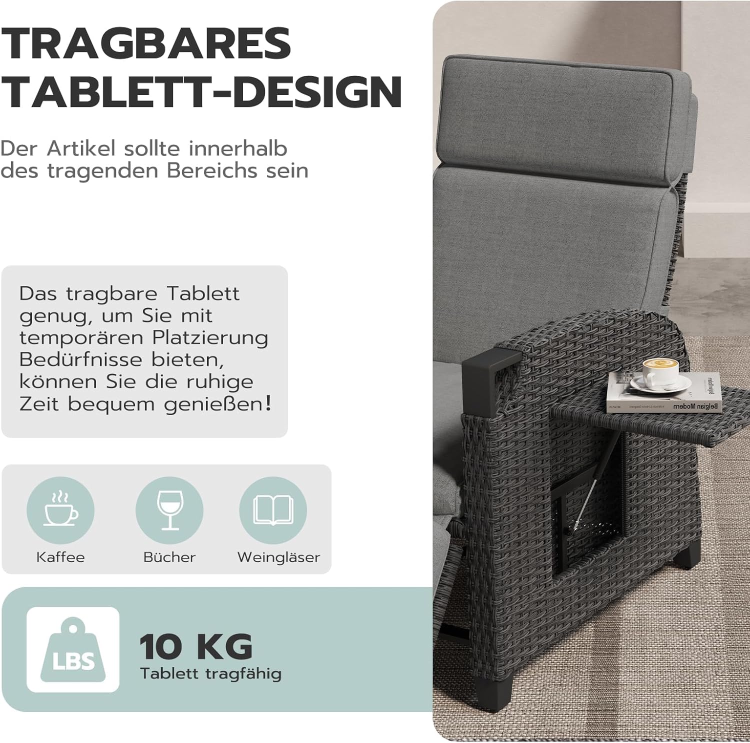UDPATIO Sillón Ratán Jardin Exterior Reclinable, Tumbona de Jardín Ajustable 150°, con Respaldo Ajustable, Fundas + Extraíbles Cojines, Impermeable, para Interior y Exterior - Gris