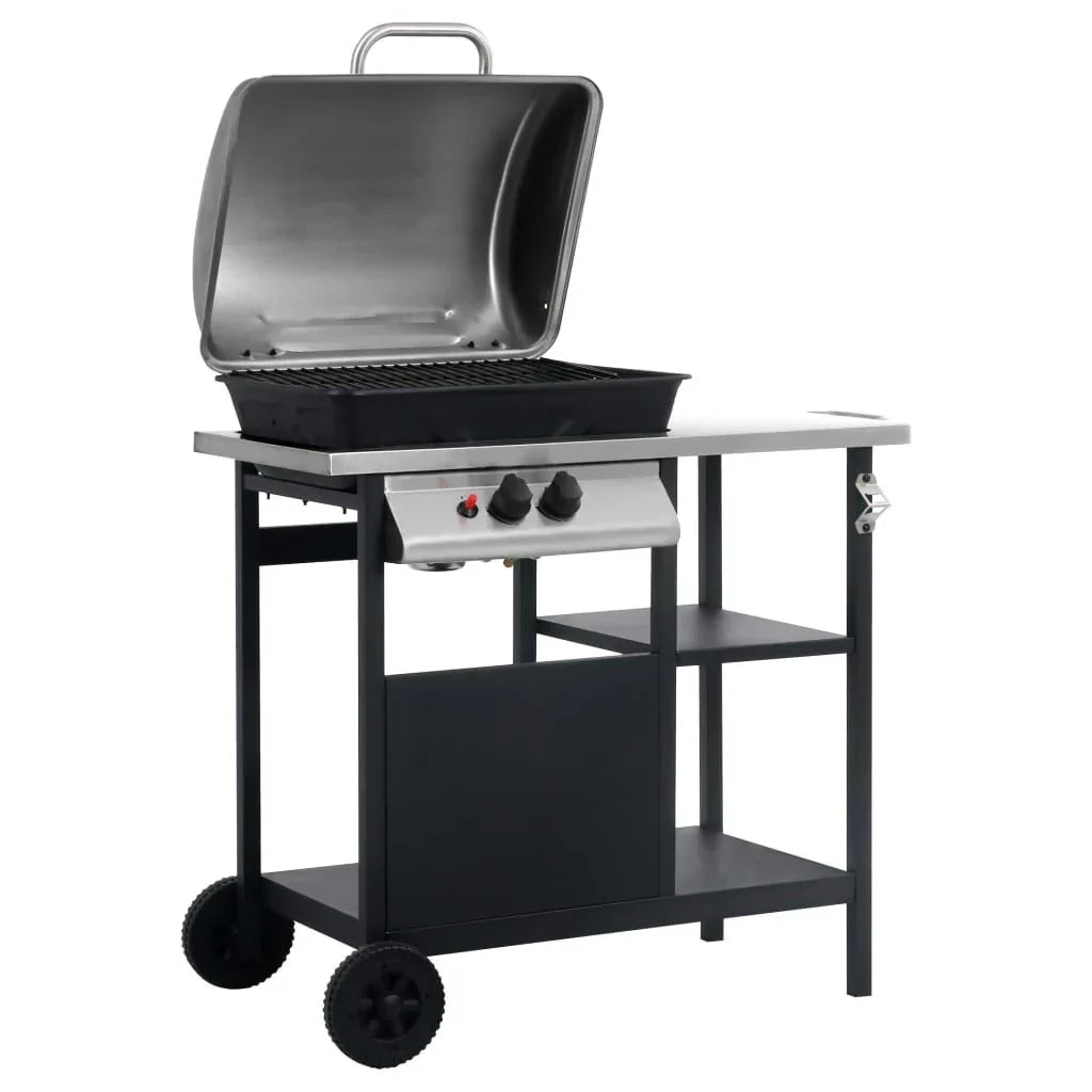 Barbacoa Portátil De Gas Con Mesita 3 Estantes Negro Y Plateado Vidaxl
