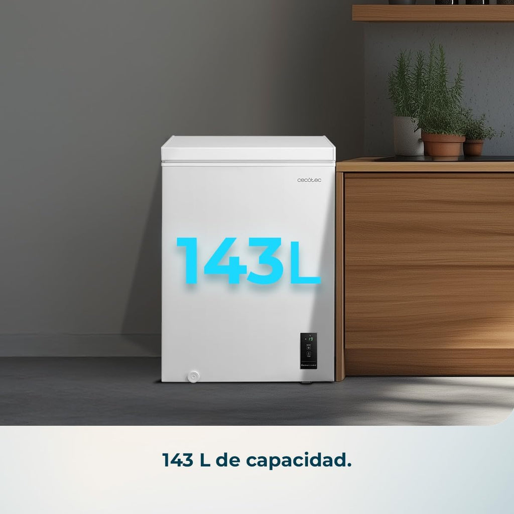 Cecotec Gefriertruhe 143L Bolero CoolMarket Chest 143P Weiß E. Korb mit Griffen, Elektronische LED-Steuerung, UltraContact D-Cool, Dual Function, ZeroG-Tür (80º-30º), Fast Freezing, Kompakt