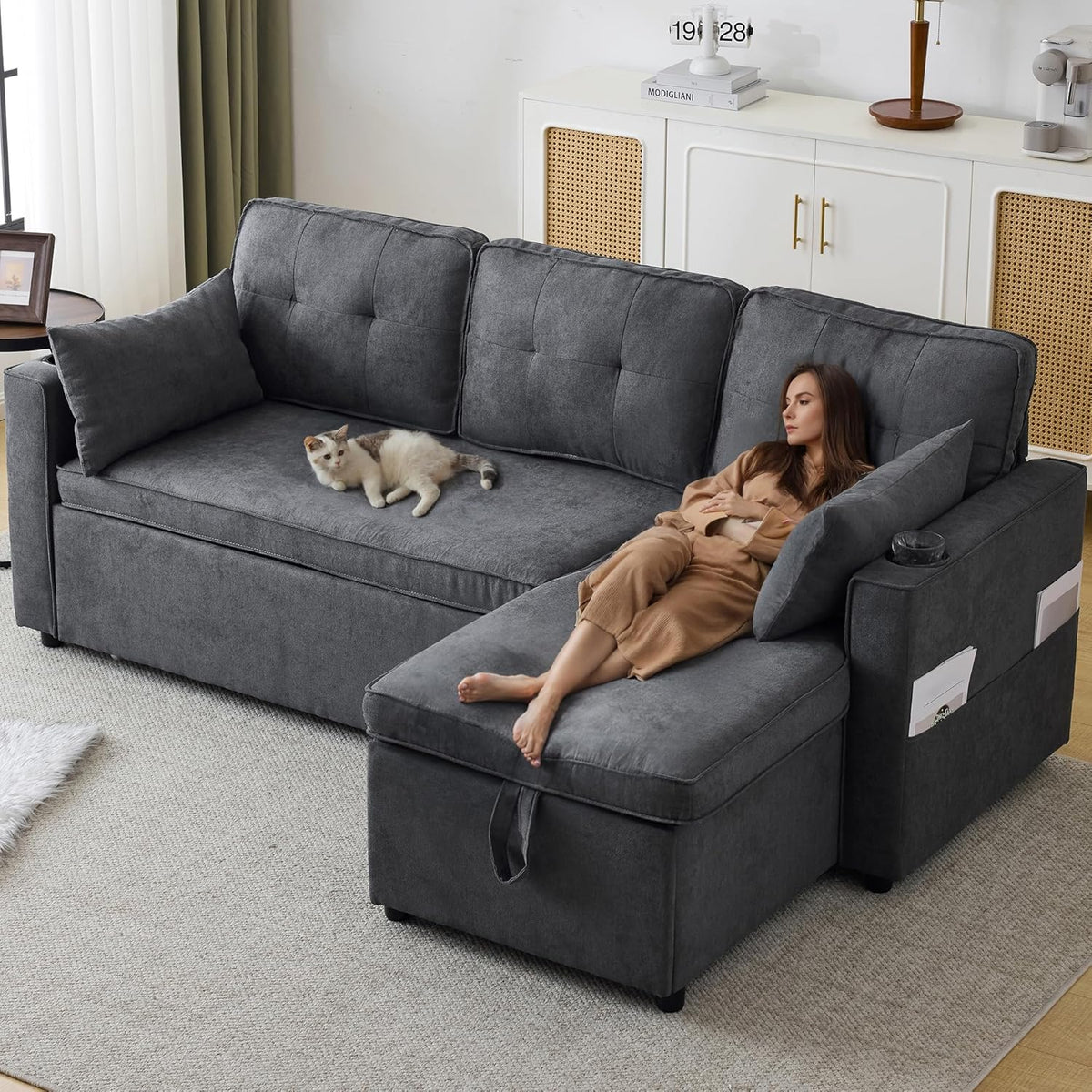 3-Sitzer Schlafsofa mit Getränkehaltern und seitlicher Armlehnentasche, L-förmiges Sofa, rechts und links umbaubar, Grau