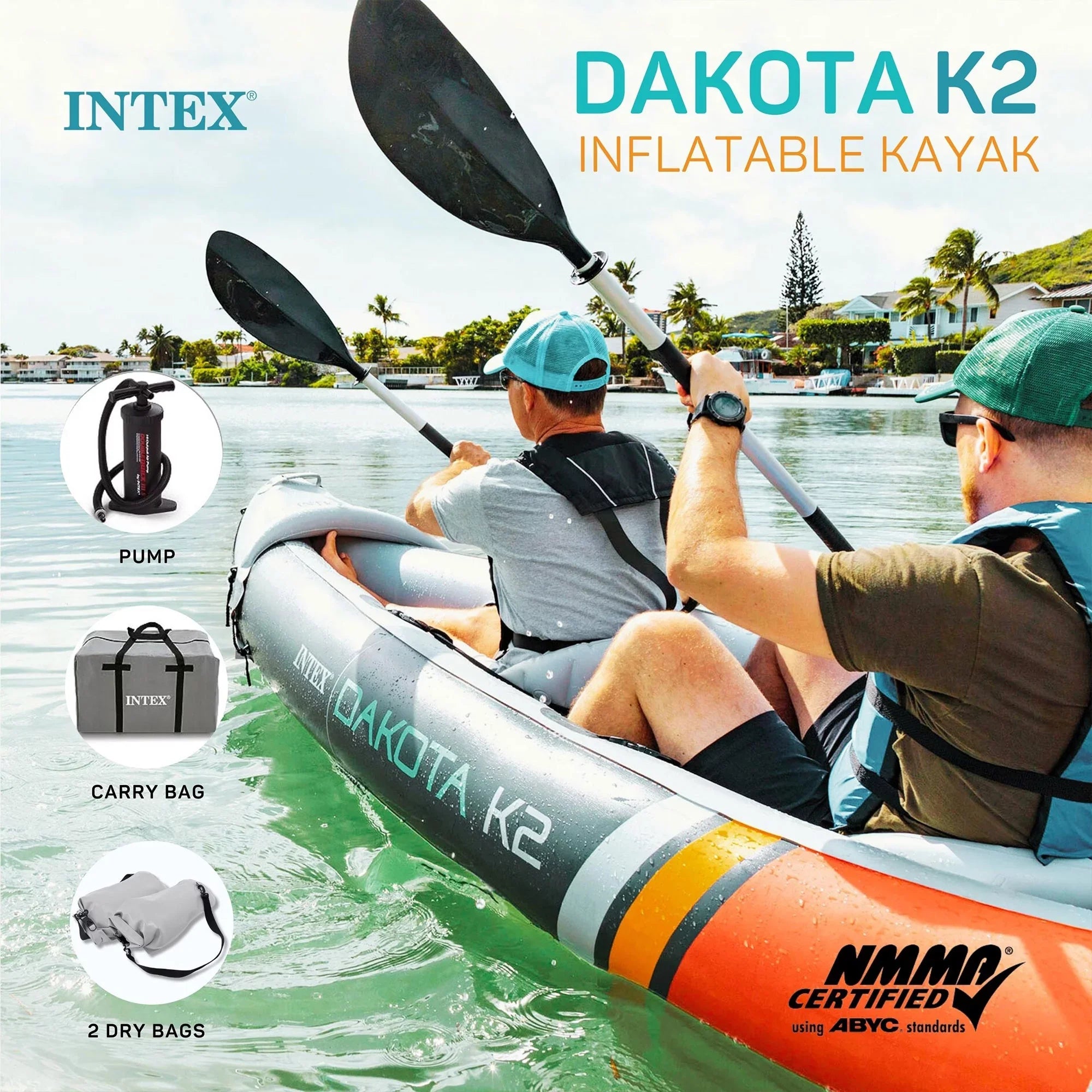 2025 Intex Dakota K2 aufblasbares 2-Personen-Vinyl-Kajak mit Paddeln und Pumpe – Offene Verpackung