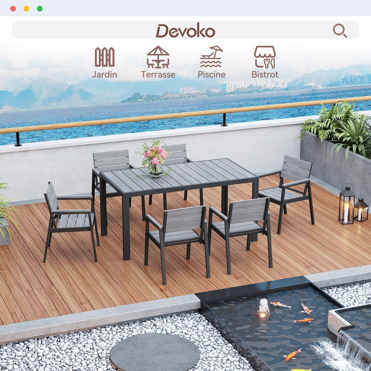 Devoko HDPS Conjunto de jardín de exterior de 7 piezas, resistente a la intemperie,con mesa de 150 cm y 6 sillas de jardín de exterior de aluminio,acabado imitación madera y fácil mantenimiento (gris)